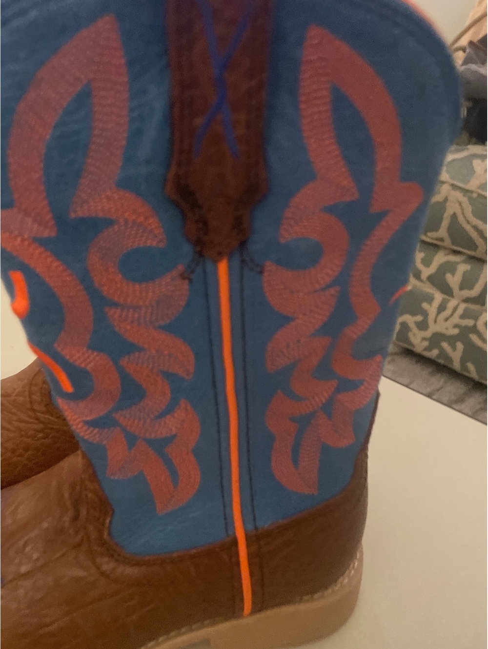Kids' Western Cowboy Boots Brown and Blue with Orange Accents, Size US 2 - Picture 5 of 9